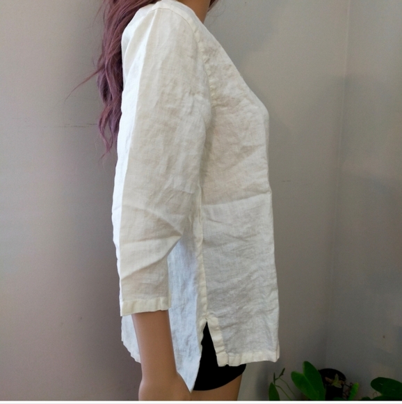 Click By Color Me Cotton Cream V Neck Linen 3/4 Blouse Top Oversized - Picture 4 of 12